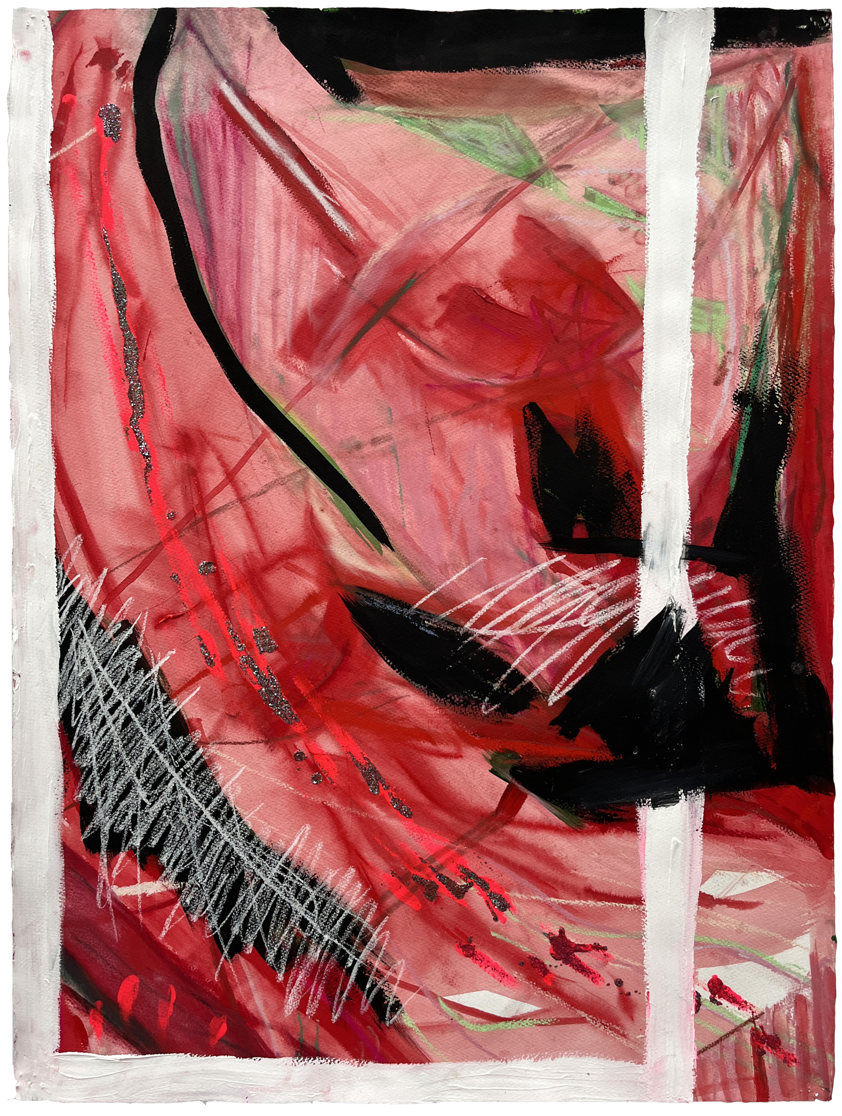 Blood Waterfall-y, 30x22_, chalk pastel, ink, charcoal, glitter on watercolor paper, 2026, AVAILABLE.jpg
